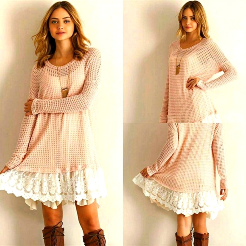 Peach tunic with lace hem
